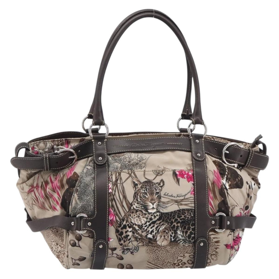 Salvatore Ferragamo Convertible Belted Boston Fiera Printed Nylon With Leather Beige Bag