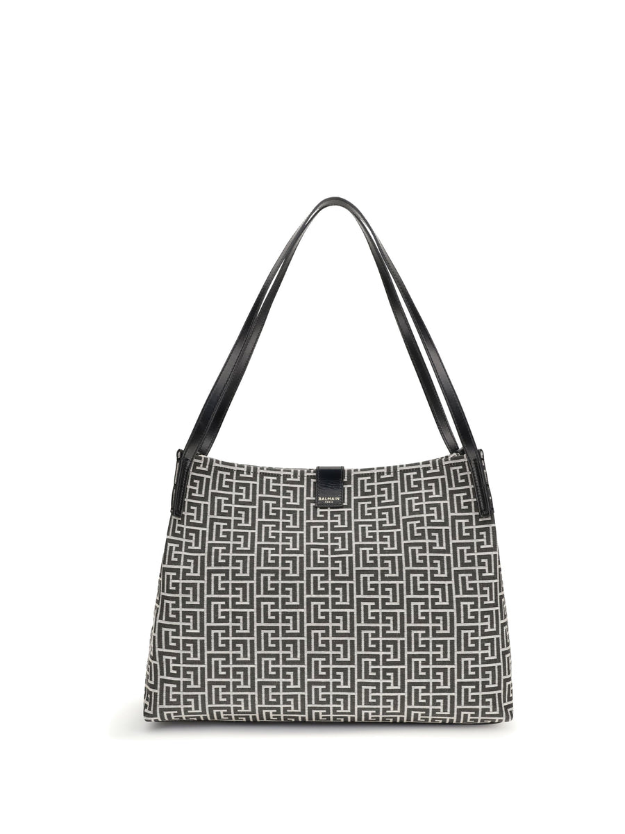 Balmain Logo-Jacquard Shoulder Bag — Gray
