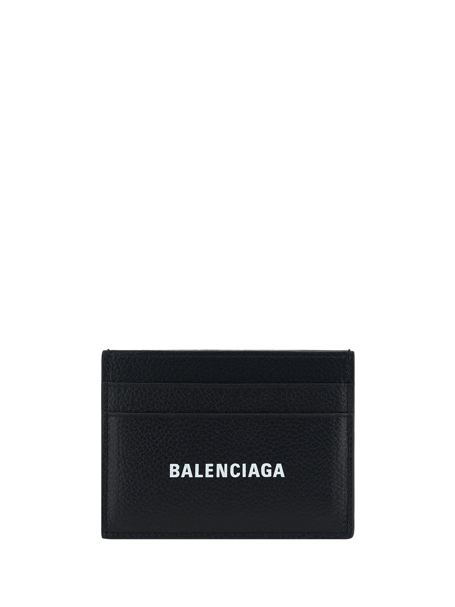 Balenciaga Logo-Print Calfskin Card Case — Black Calf Leather Bos Taurus Wallet