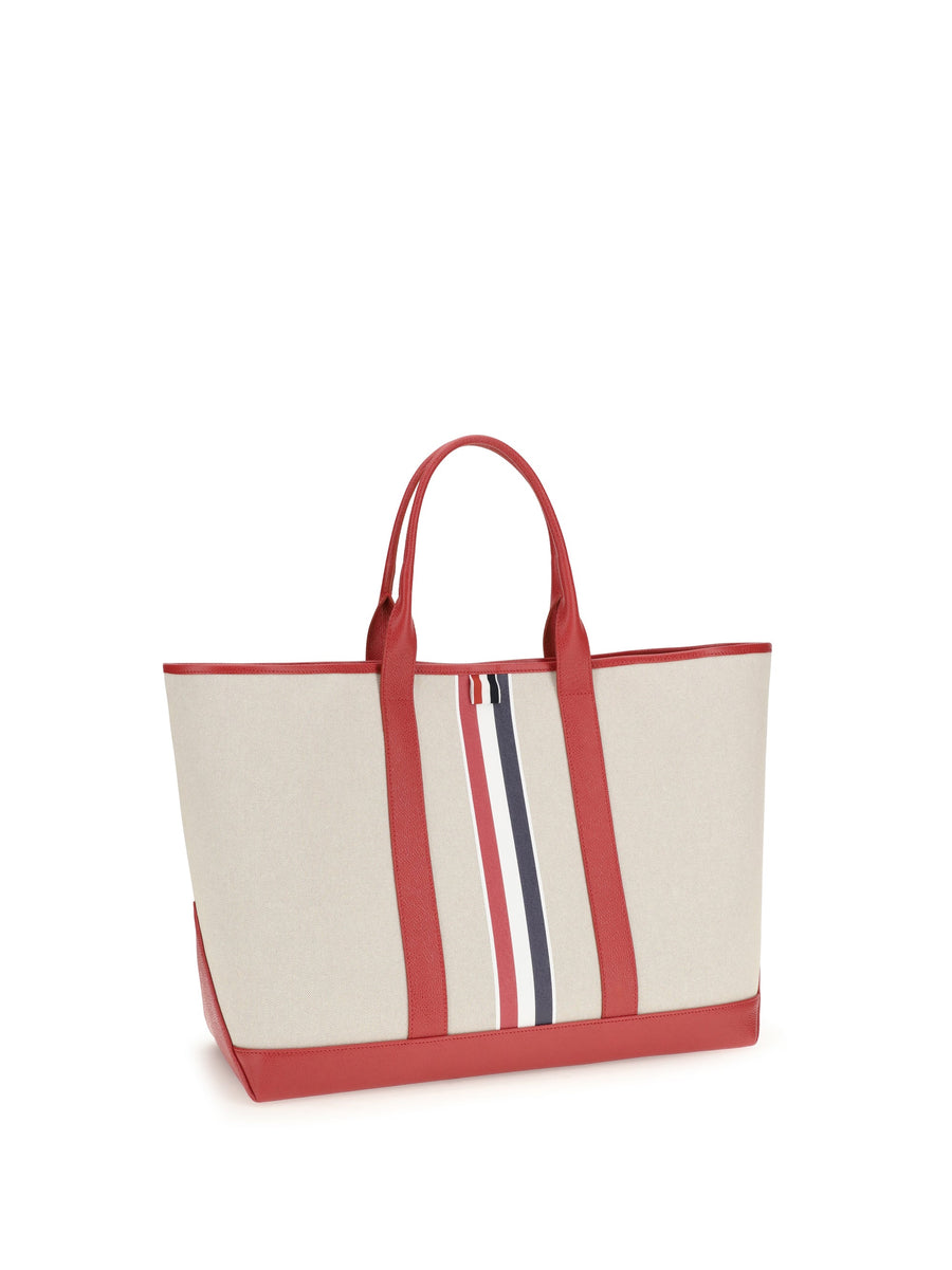 Thom Browne Striped Canvas Tote Bag — Red Cotton