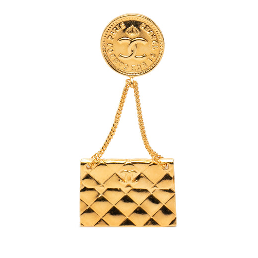 CC Gold Plated Quilted Flap Bag Medallion Brooch - Image 1