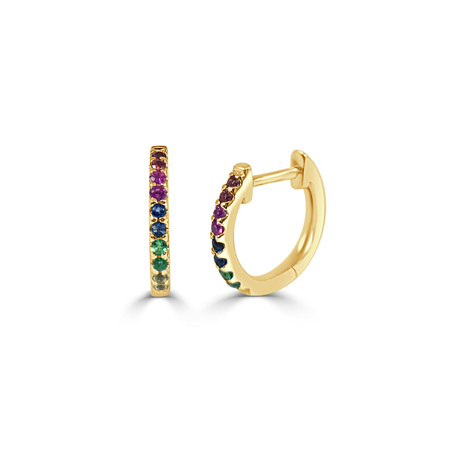 14k Yellow Gold & Rainbow Sapphire Huggie Earrings 14kt