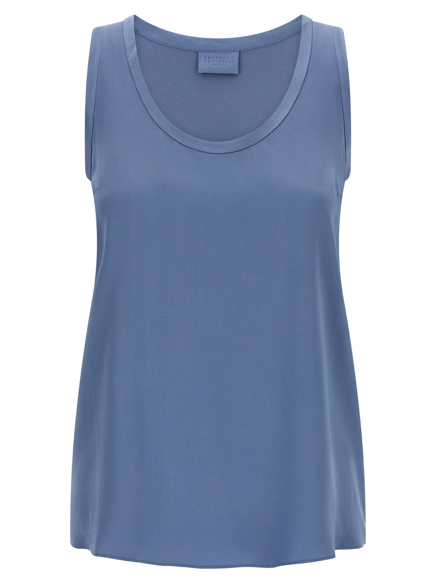 Blue Silk Sleeveles T-Shirt
