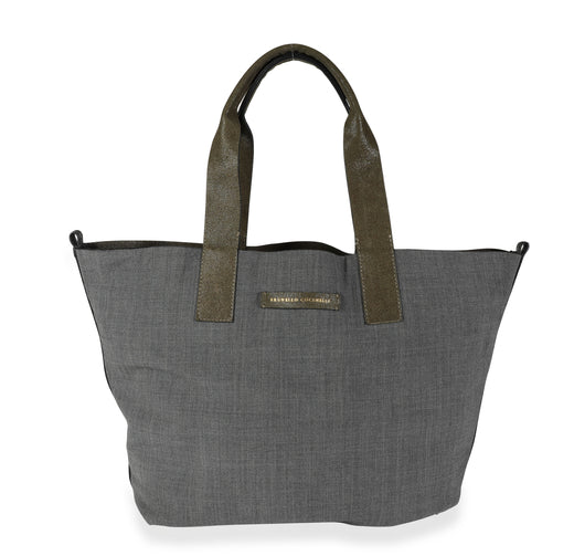 Brunello Cucinelli Olive Suede & Gray Wool Reversible Tote Green Handbag