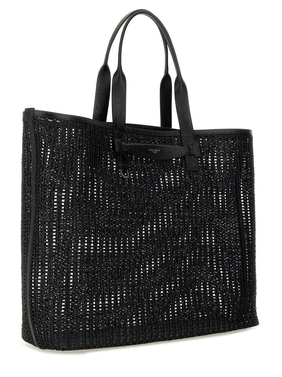 Dolce & Gabbana Woven Mesh Cotton Tote Bag — Black