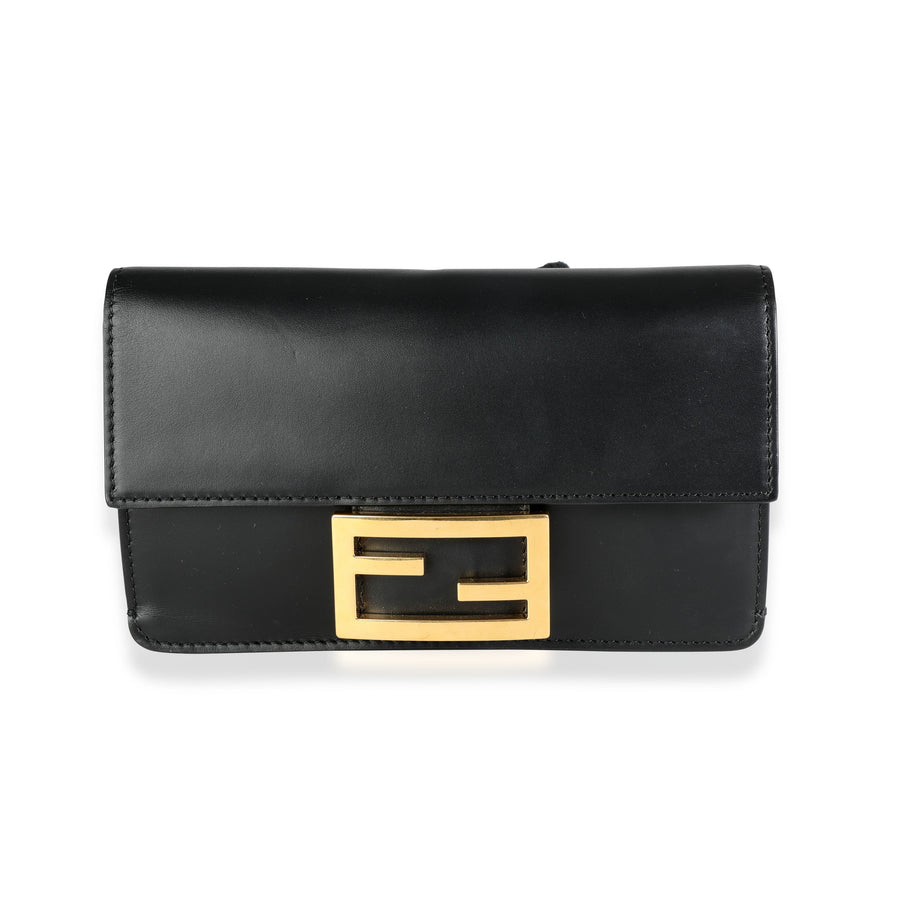 Fendi Black Calfskin Mini Flat Baguette With Strap Leather Handbag