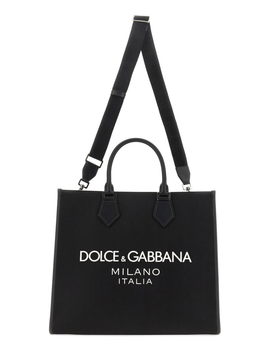 Dolce & Gabbana Logo-Print Shopping Shoulder Bag — Black Polyamide