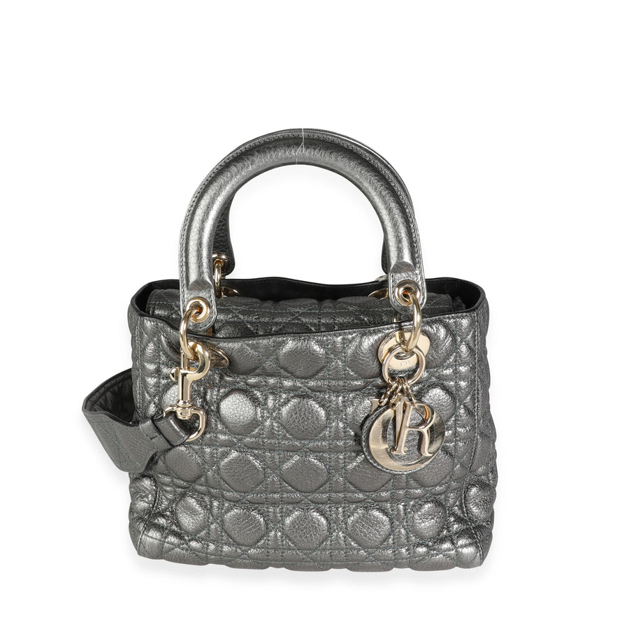 Christian Dior Metallic Silver Supple Cannage Leather Medium Lady Tote Green Handbag