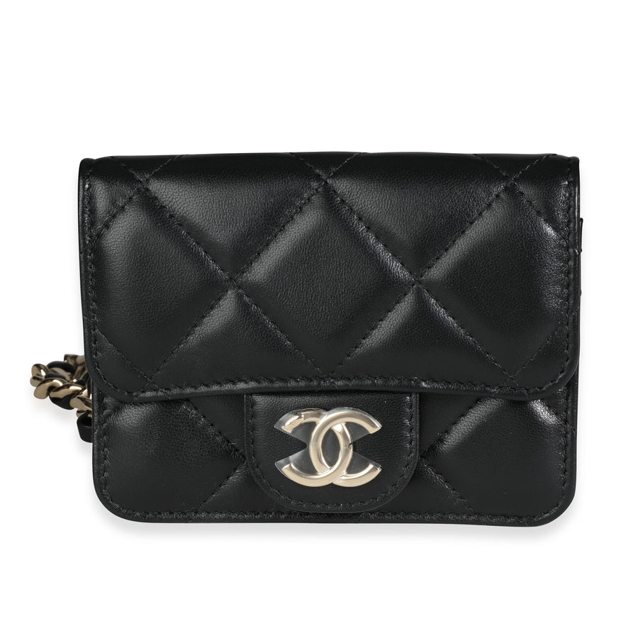 Chanel Black Quilted Lambskin Elegant Chain Mini Belt Bag Leather Handbag