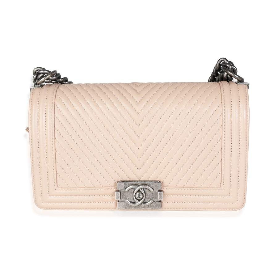 Chanel Light Beige Chevron Quilted Lambskin Medium Boy Bag Leather Handbag