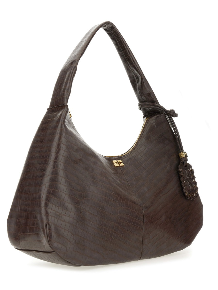 Ganni Crocodile-Textured Hobo Bag — Brown Rec Le