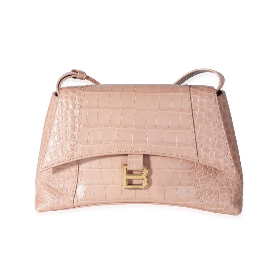 Balenciaga Beige Croc Embossed Hourglass Downtown Shoulder Bag Neutral Leather Handbag