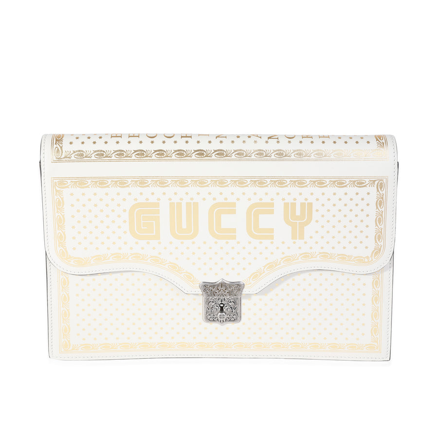 Gucci X Sega Mystic White Star Printed Calfskin Guccy Portfolio Clutch Gold; Metallic; Leather Handbag
