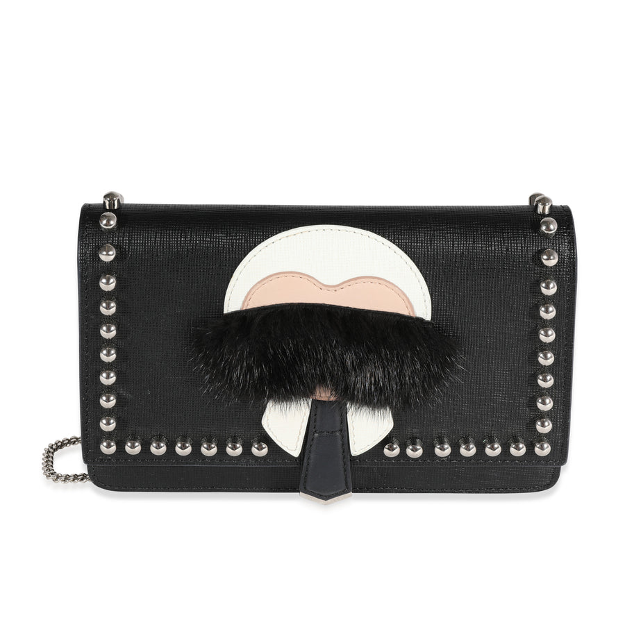 Fendi Black Vitello Elite & Mink Studded Karlito Chain Wallet Fur; Leather Handbag