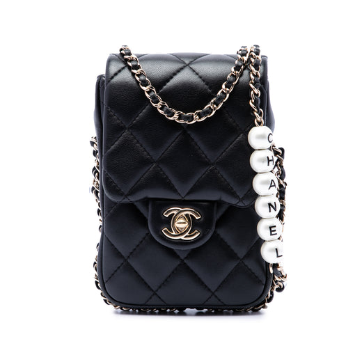 Quilted Lambskin My Precious Pearls Phone Holder with Chain - Image 1