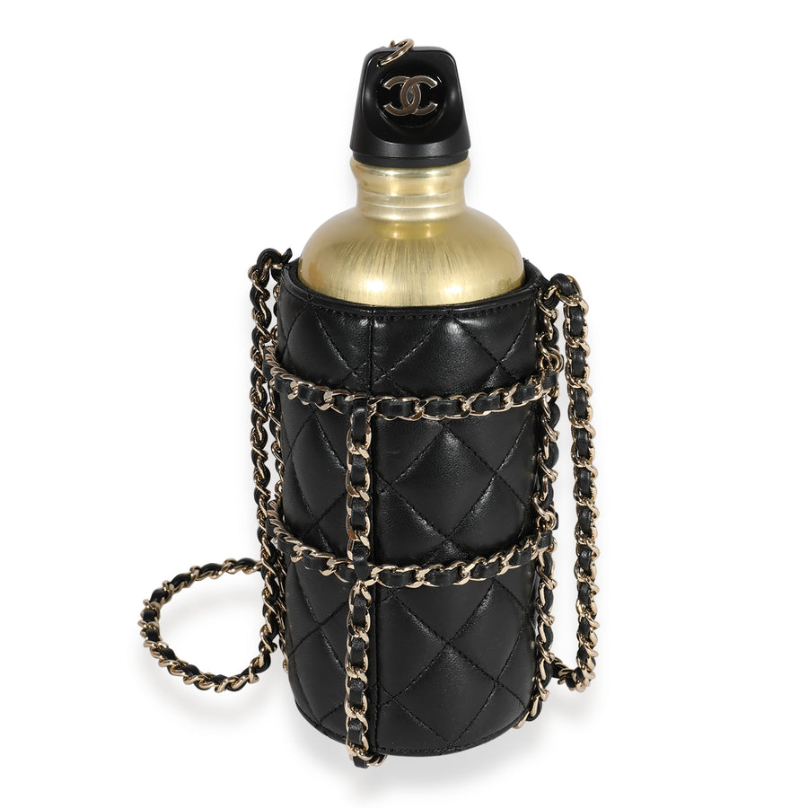Chanel Gold Metal Water Bottle & Black Quilted Lambskin Holder Black; Leather Handbag