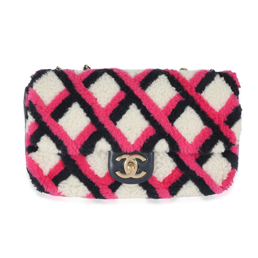 Chanel Fuchsia Navy White Shearling Lambskin Emoticon Single Flap Bag Multicolor; Pink; Fur Handbag
