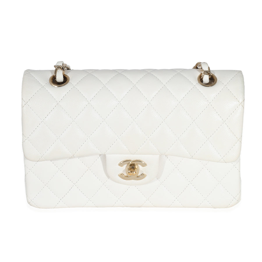 Chanel White Quilted Caviar Small Classic Double Flap Handbag Leather