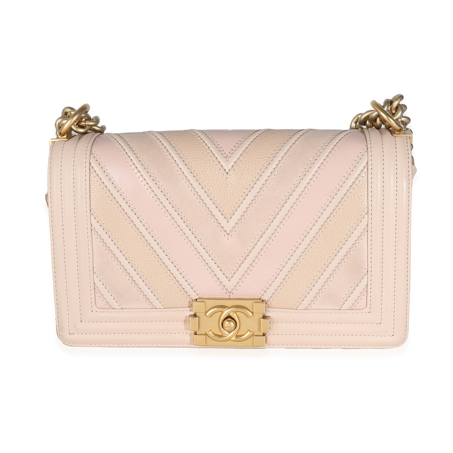 Chanel Beige Caviar Suede Calfskin Chevron Medium Boy Handbag Beige; Pink Leather