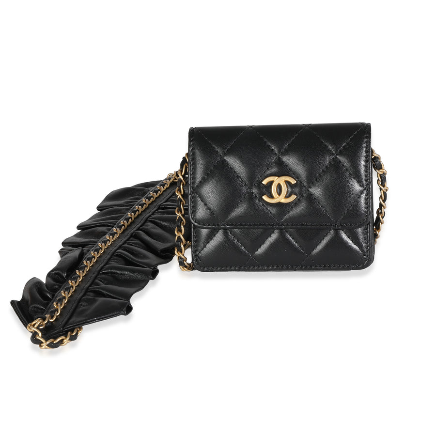 Chanel Black Quilted Lambskin Ruffled Card Holder On Chain Leather Handbag