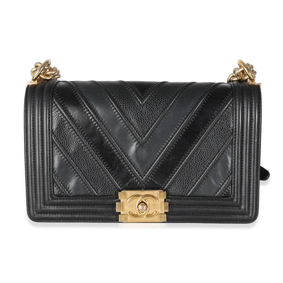 Chanel Black Calfskin Caviar The Mix Chevron Old Medium Boy Handbag Leather; Suede