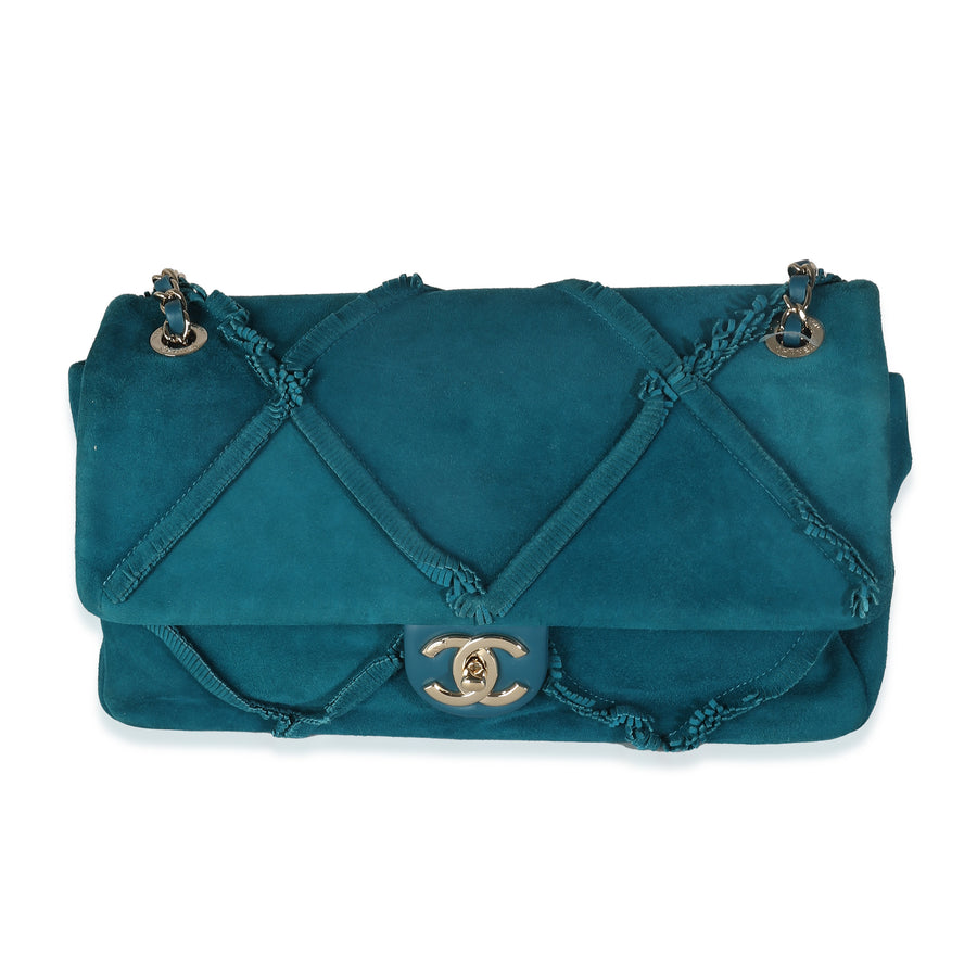 Chanel Teal Suede Goatskin Diamond Fringe Medium Flap Bag Blue Handbag