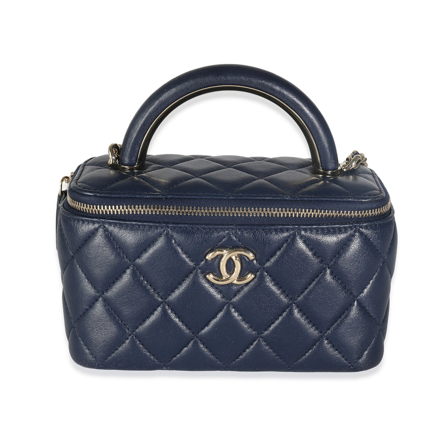 Chanel Navy Quilted Lambskin Top Handle Vanity Case With Chain Blue Leather Handbag