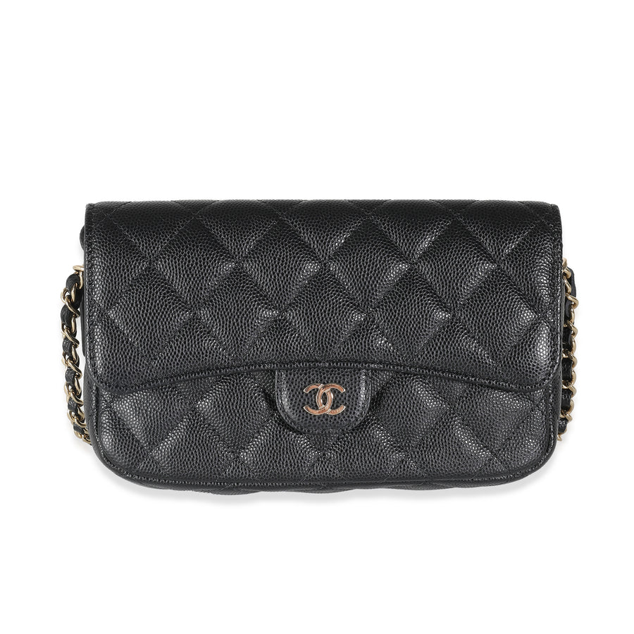 Chanel Black Quilted Caviar Flap Phone Handbag With Chain Leather