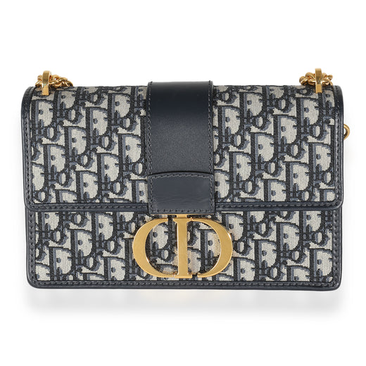 Christian Dior Navy Oblique Jacquard 30 Montaigne Chain Bag Beige; Blue Canvas; Leather Handbag