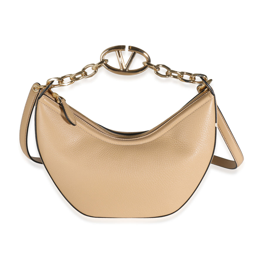 Valentino Beige Nappa Small Vlogo Moon Hobo Leather Handbag