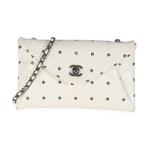 Chanel White Lambskin Cc Logo Envelope Clutch With Chain Black; Leather Handbag