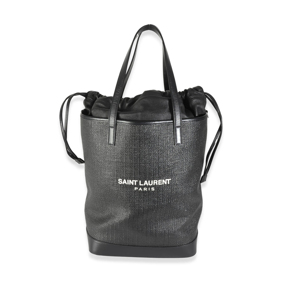 Saint Laurent Black Linen Canvas Teddy Shopping Bag Leather; Straw/raffia Handbag
