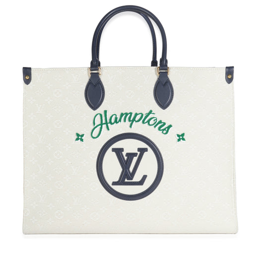 Louis Vuitton Blue Beige Jacquard Embroidered Tufted Monogram Hamptons Onthego G Beige; Canvas Handbag