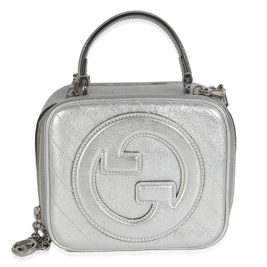 Gucci Silver Metallic Sakai Be Green Calfskin Diagonal Stitched Blondie Top Hand Leather Handbag