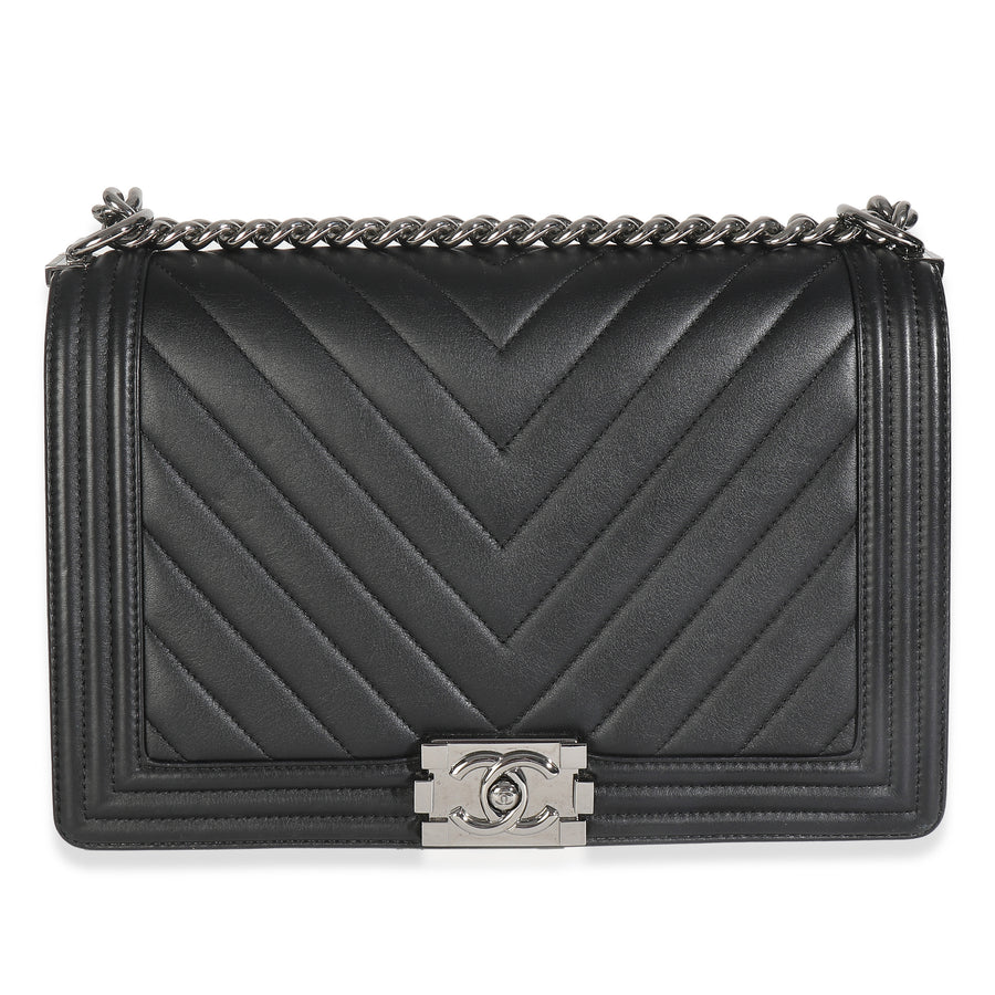 Chanel Black Calfskin Quilted Chevron New Medium Boy Bag Leather Handbag