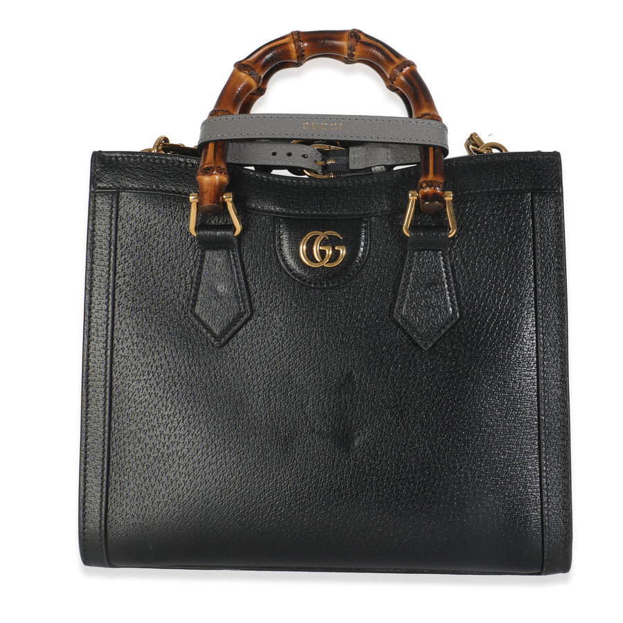 Gucci Black Dusty Grey Textured Dollar Calfskin Web Small Diana Tote Leather Handbag