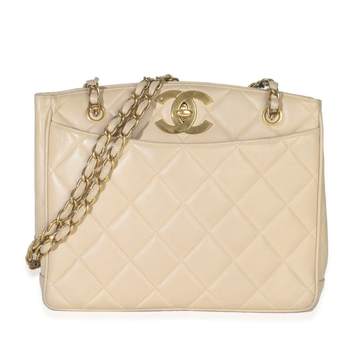 Chanel Vintage Beige Quilted Lambskin Cc Shoulder Tote Leather Handbag