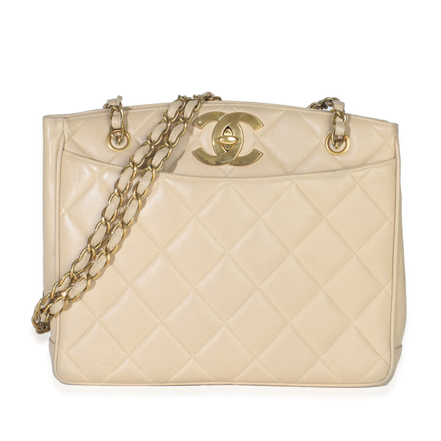 Chanel Vintage Beige Quilted Lambskin Cc Shoulder Tote Leather Handbag