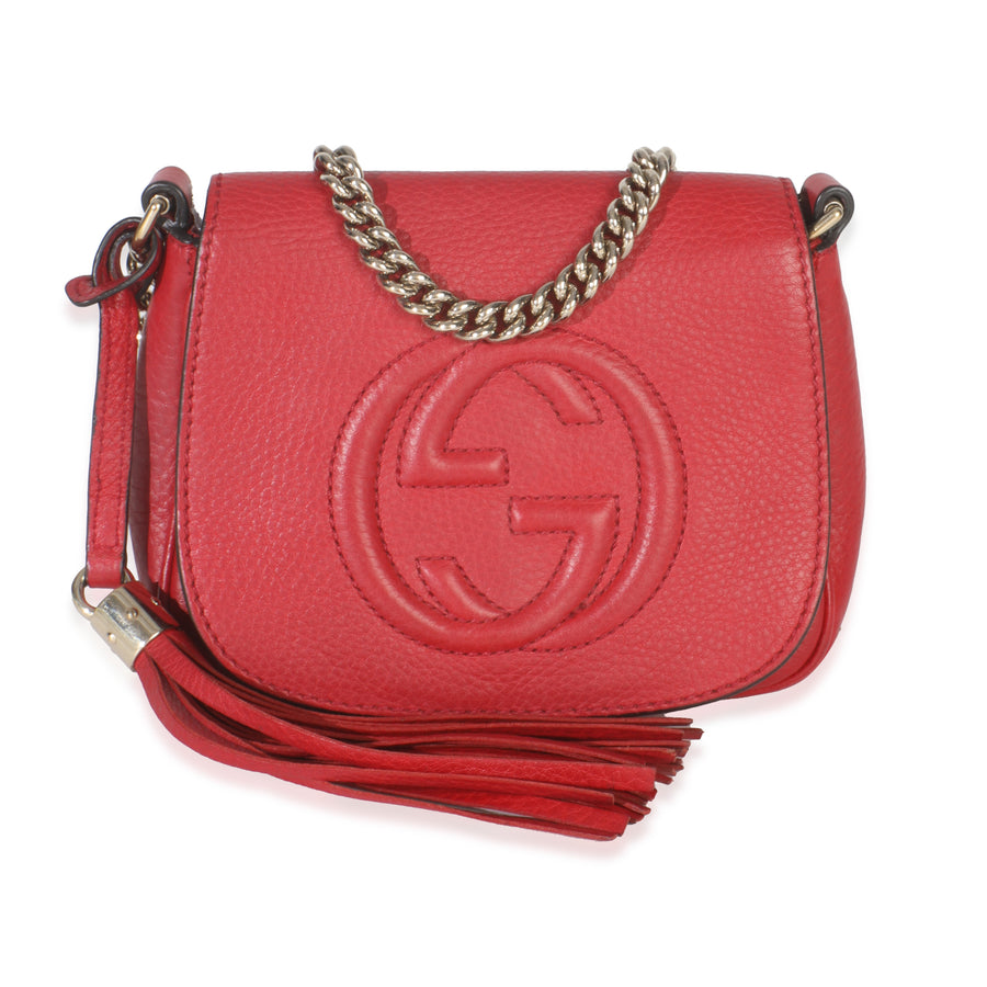 Gucci Red Pebbled Calfskin Interlocking G Small Soho Flap Bag Leather Handbag