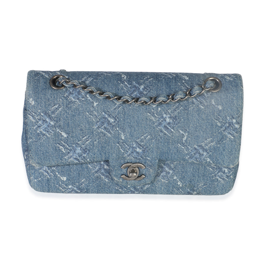 Chanel Blue Bleached Chain Printed Denim Medium Classic Double Flap Bag Handbag