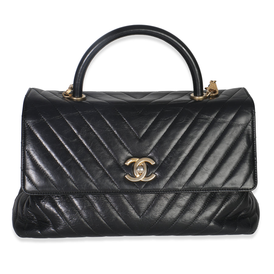 Chanel Black Chevron Aged Calfskin Large Coco Top Handle Bag Leather Handbag