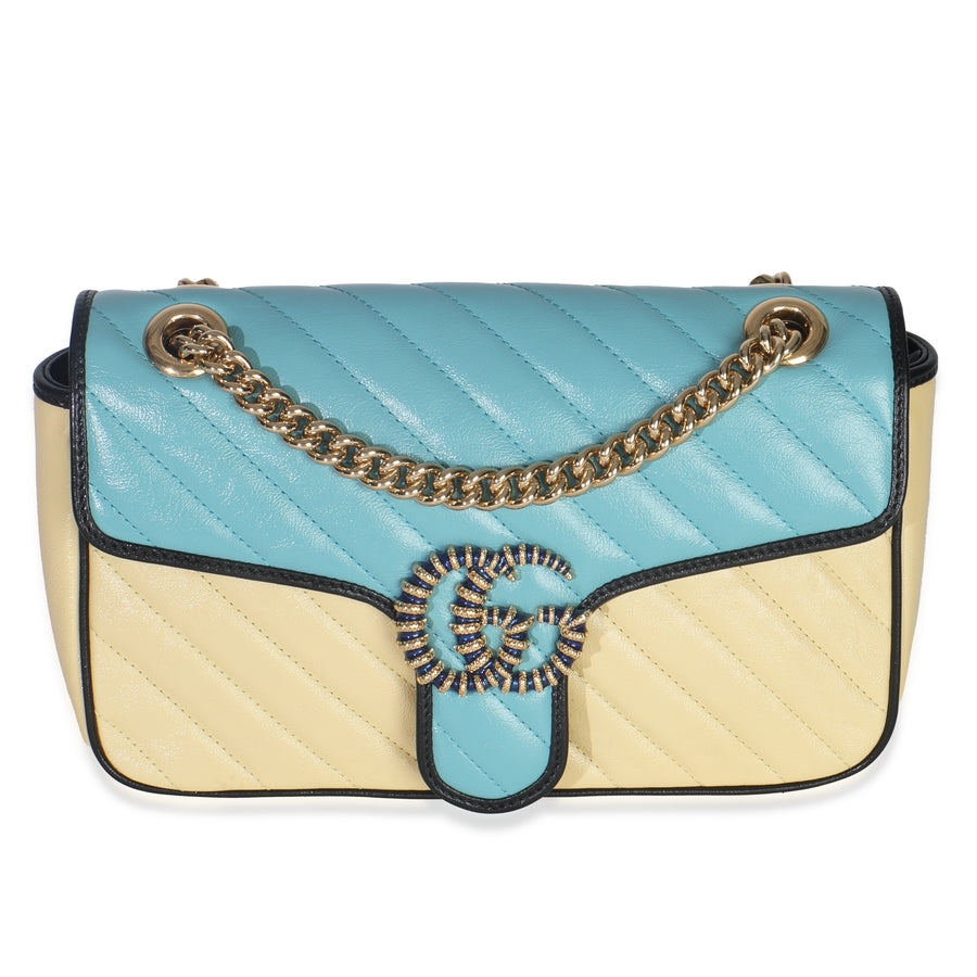 Gucci Blue Yellow Calfskin Matelasse Diagonal Torchon Small Gg Marmont Bag Blue; Multicolor; Leather Handbag