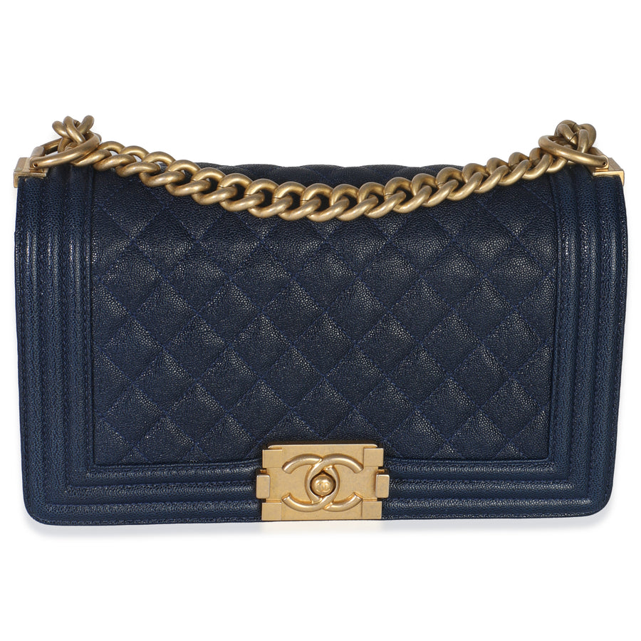 Chanel Navy Quilted Caviar Old Medium Boy Handbag Blue Leather