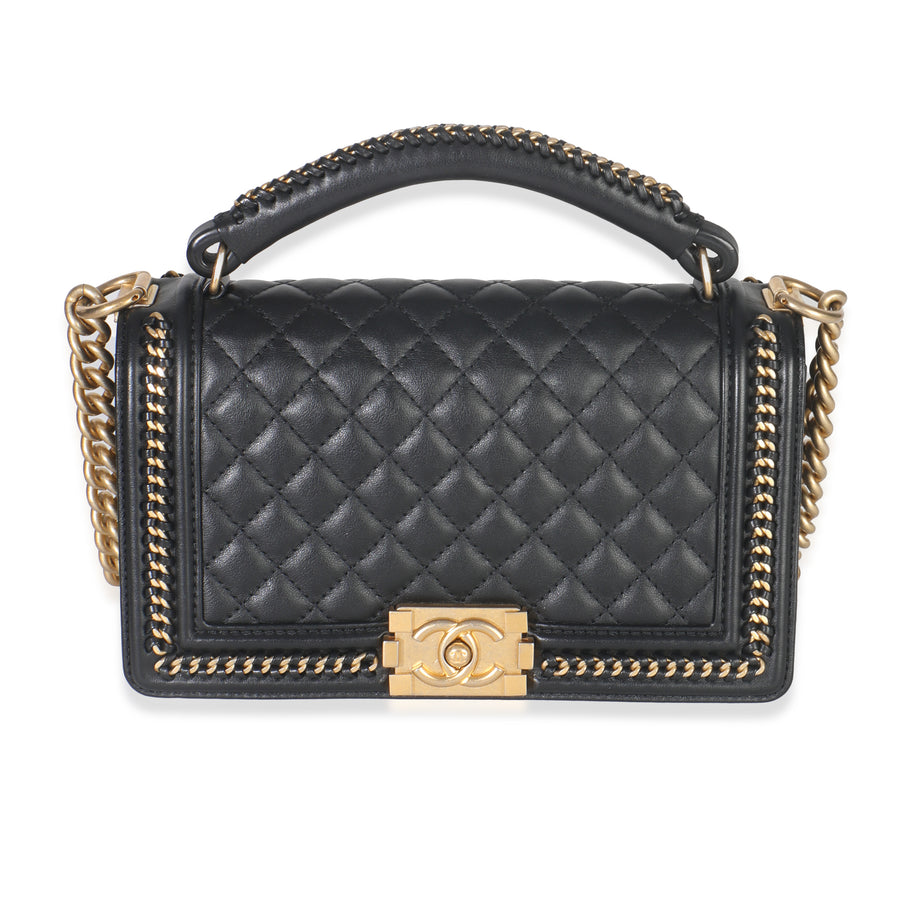 Chanel Black Quilted Calfskin Interwoven Chain Top Handle Boy Bag Leather Handbag