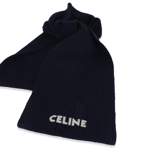 Celine Navy Ribbed Wool Logo Appliqued Scarf Blue Fabric Scarves/wraps