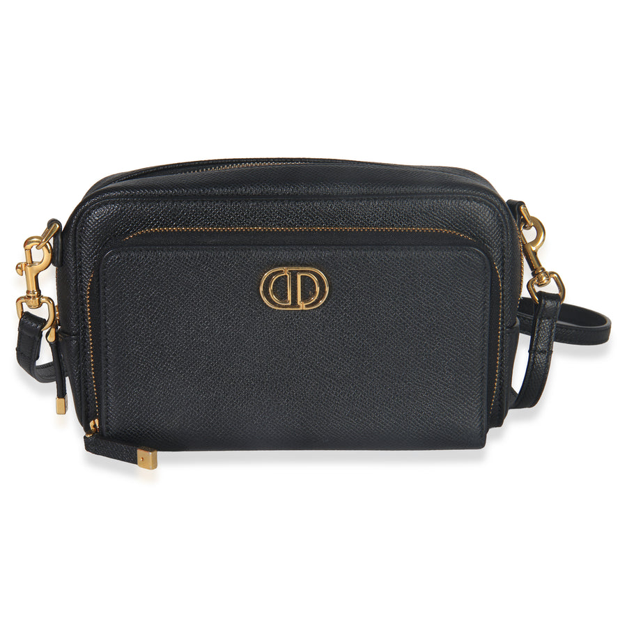 Christian Dior Black Grained Calfskin Caro Double Pouch Leather Handbag