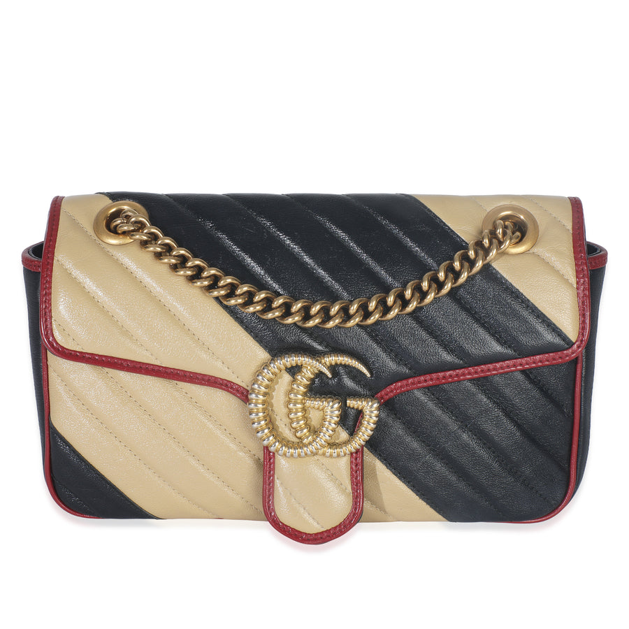 Gucci Black Beige Matelasse Calfskin Torchon Small Marmont Shoulder Bag Leather Handbag