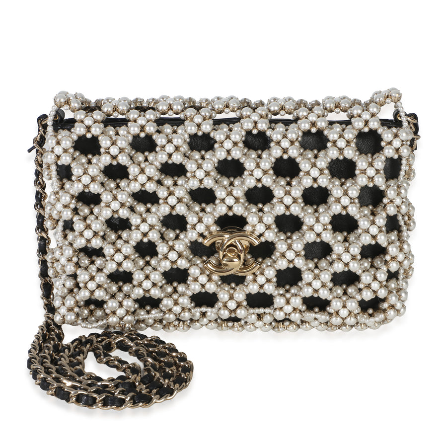 Chanel Black Gold Metal Pearl Embellished Mini Flap Bag Handbag
