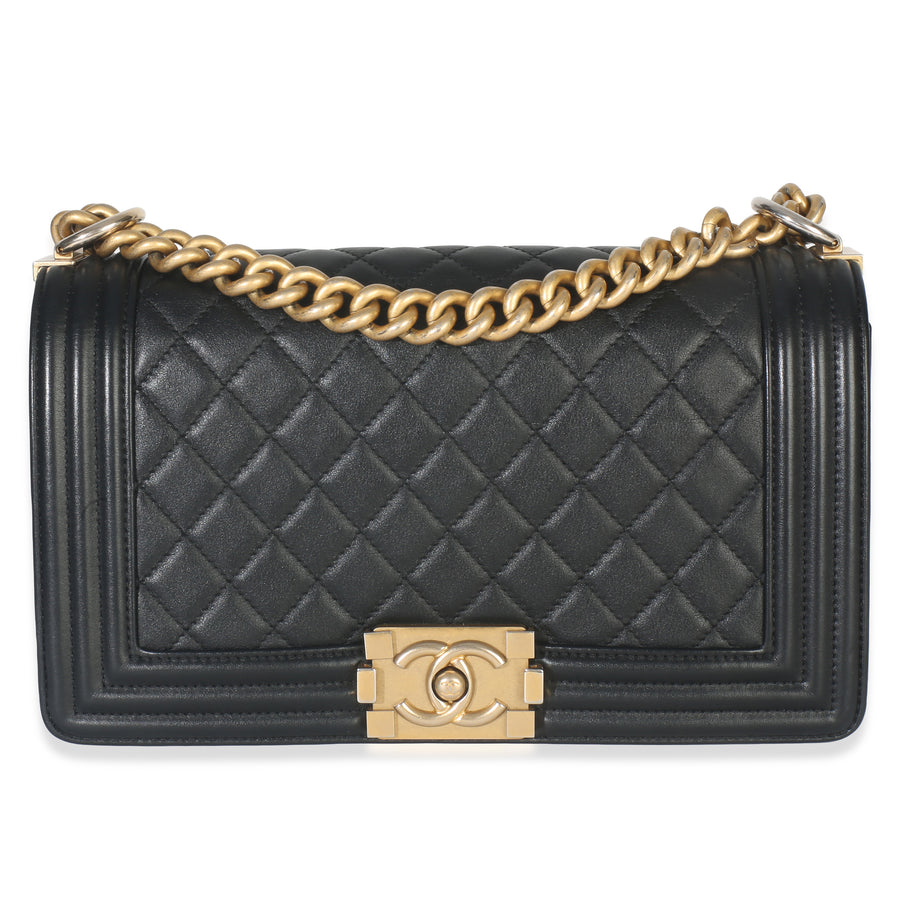Chanel Black Quilted Lambskin Old Medium Boy Bag Leather Handbag