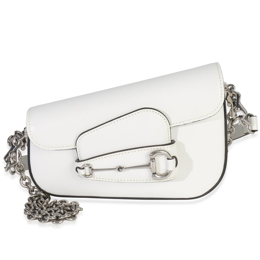 Gucci White Calfskin Mini Asymmetric Horsebit 1955 Shoulder Bag Leather Handbag